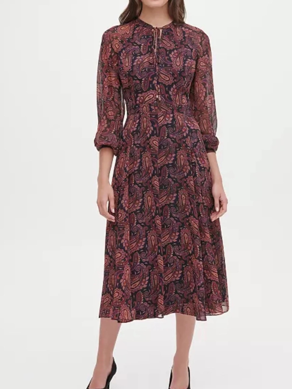 Tommy Hilfiger Purple Blue Paisley Floral Long Sleeve Midi Dress SZ 12 Mock Neck